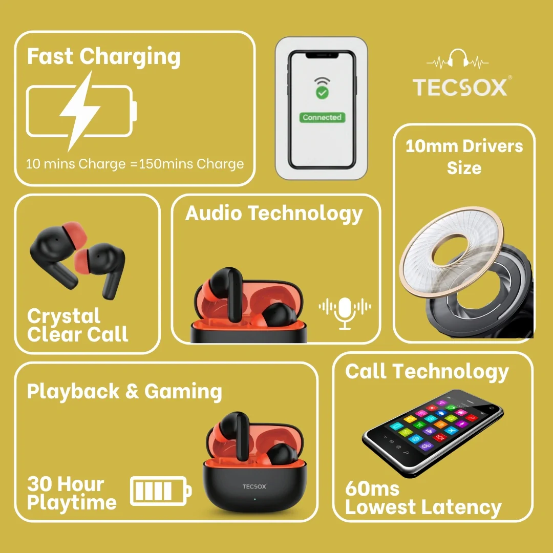 TecSox Wave Bluetooth Earbuds | Deep Bass | IPX water resistance - Image 14