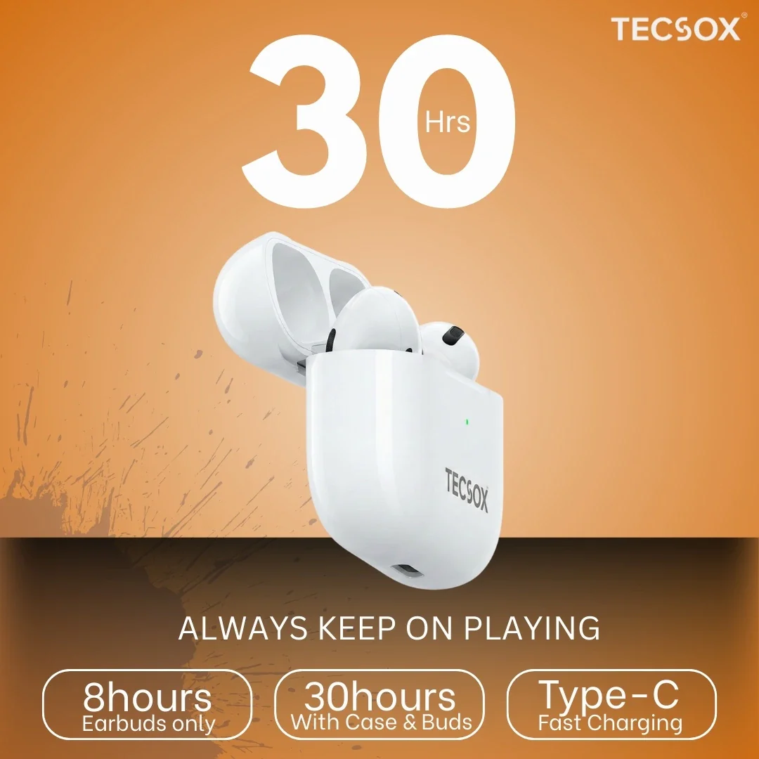 TecPod Max White Bluetooth Earbuds | Deep Bass | 30-hour playtime - Image 6