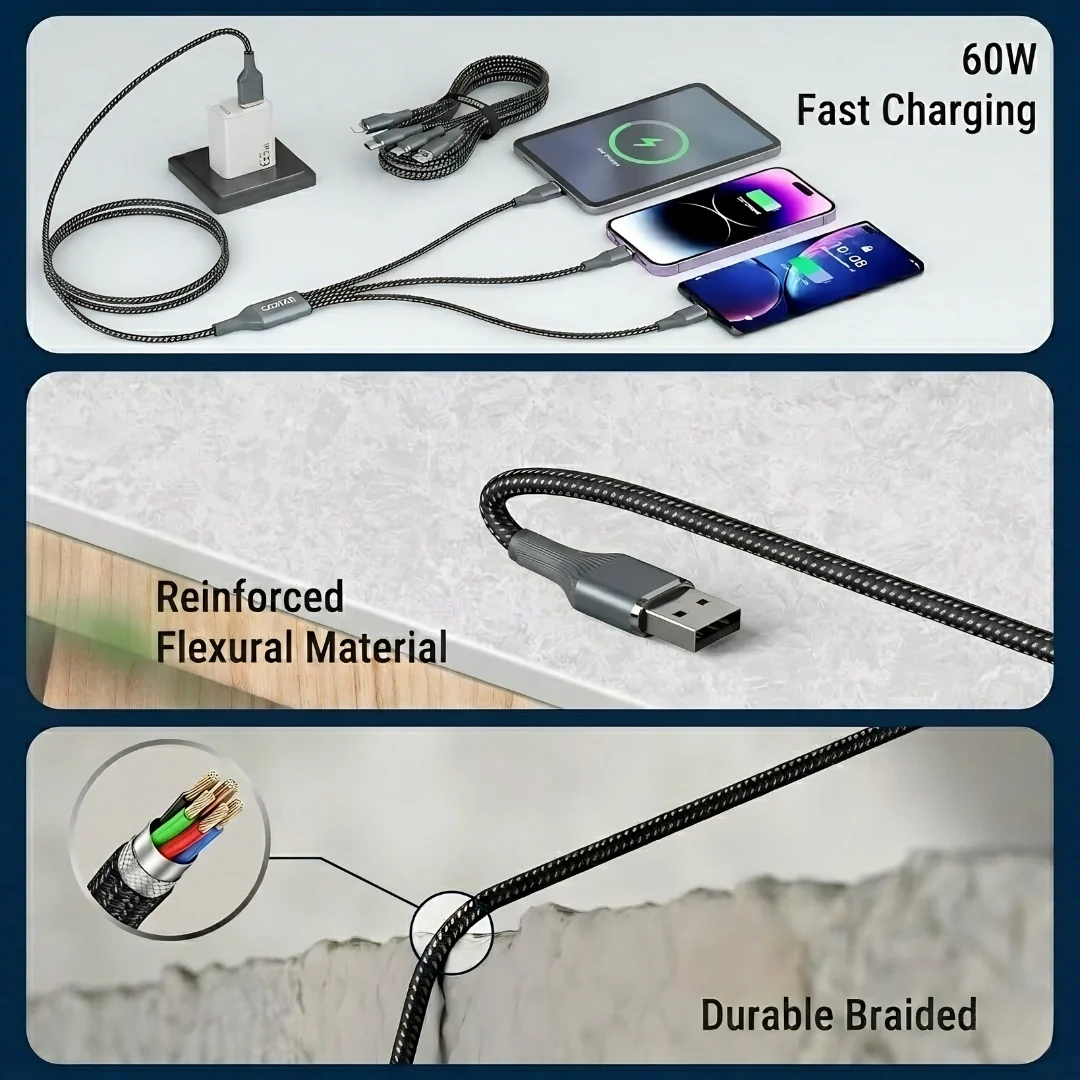 Tecsox 3 in 1 Grey Fast Charging Cable | For iOS & Android - Image 7