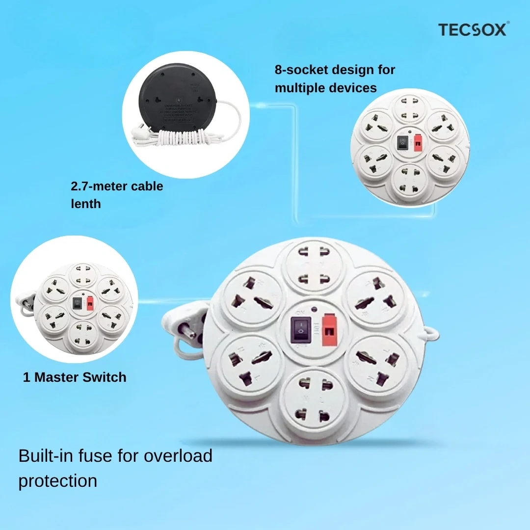 TecSox 8 Pin Extention Board with Master Switch | 2.7 m length with Fuse and International Sockets - Image 6